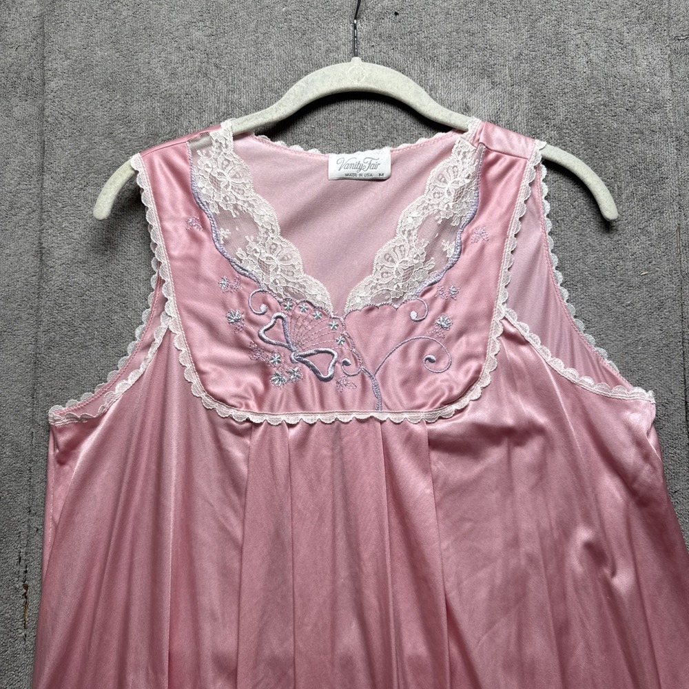 Vintage Vanity Fair Nightgown Pink Nylon Lace Bows Size M Retro Sleep‎ Dress